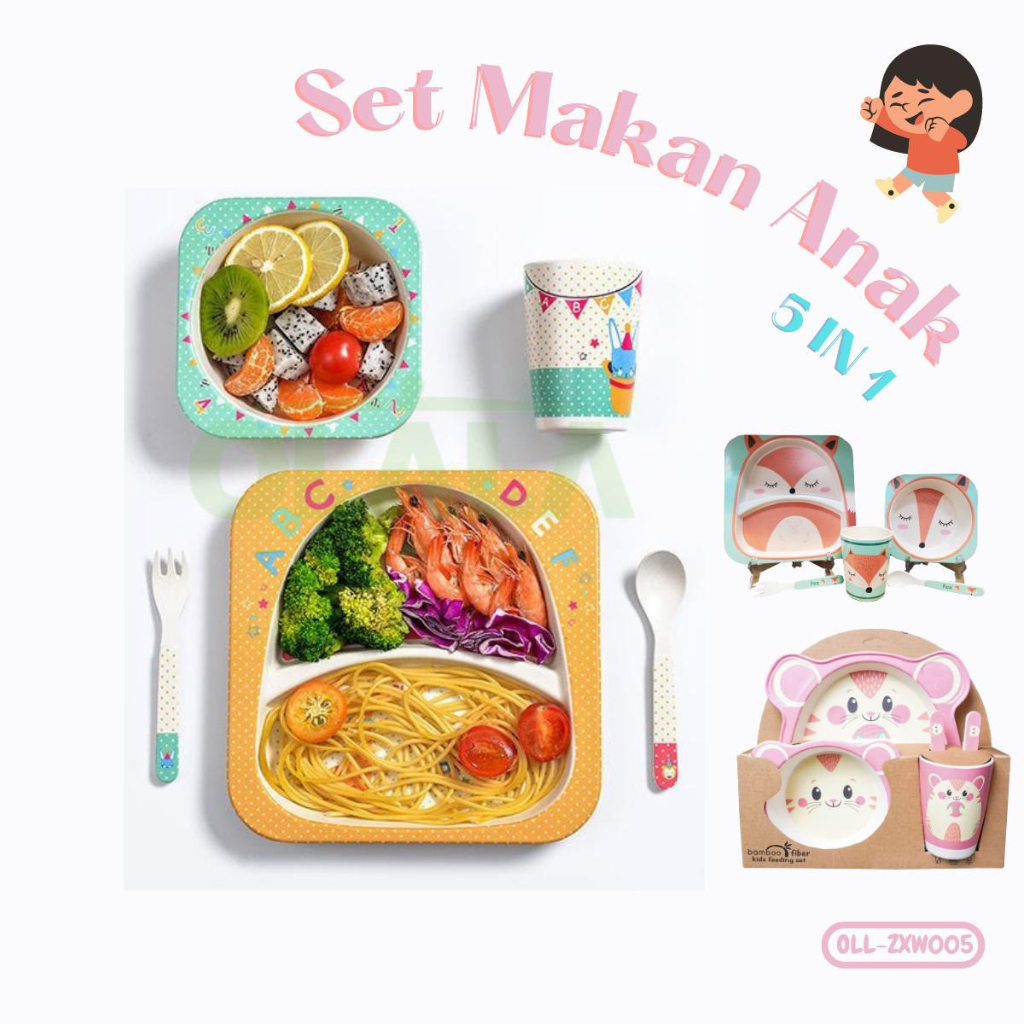 SET ALAT MAKAN ANAK 5 IN 1 BAMBOO FIBER FEEDING SET PIRING ANAK BALITA LUCU OLL-ZXW005