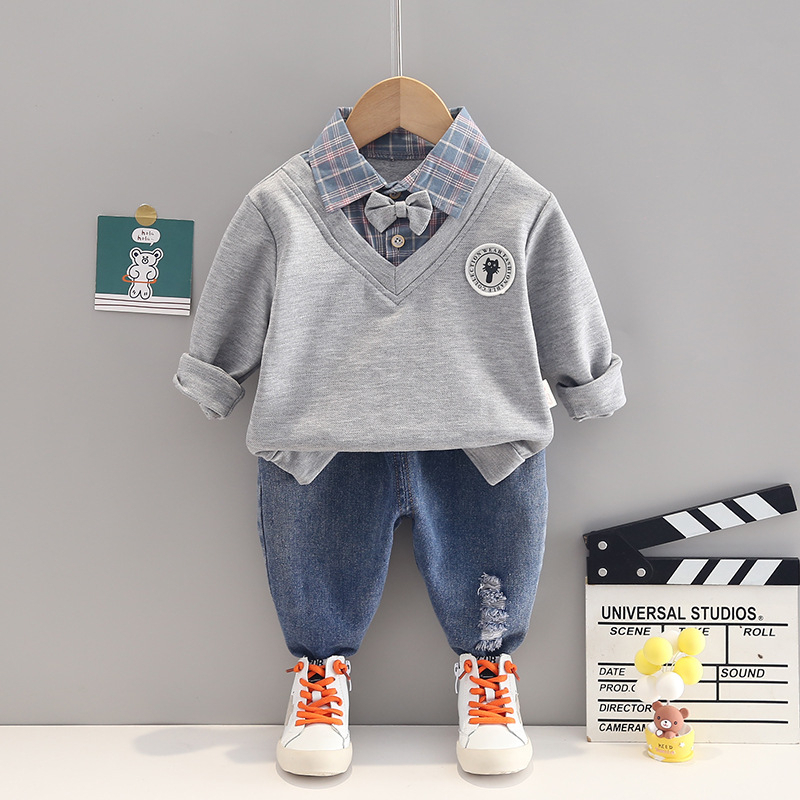 Setelan baju anak laki-laki keren MOTIF CAT CREAM &amp; GREY usia 6 bulan - 5 tahun pakaian baby ala korea-ananakstore