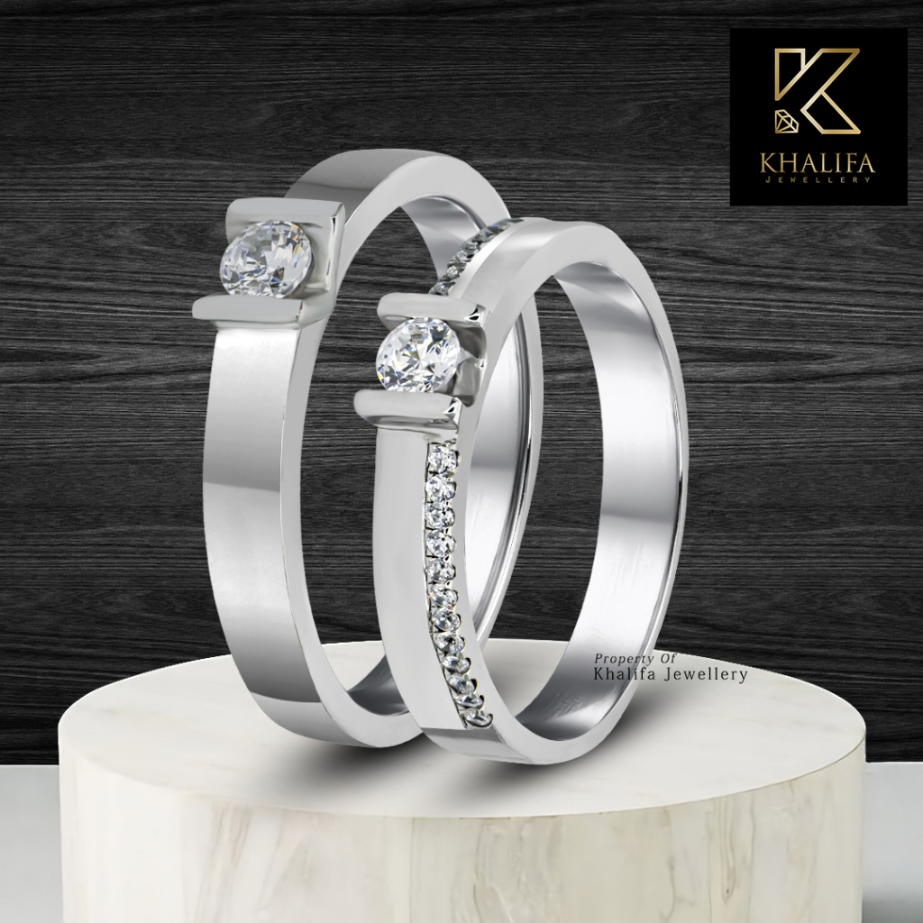 Cincin Kawin/Cincin Tunangan Couple Emas Putih 75%+ Berlian & Palladium 30%