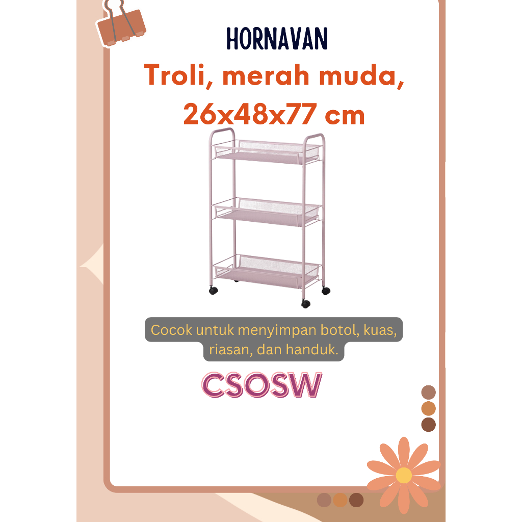 Troli warna merah muda, Ukuran 26x48x77 cm HORNAVAN