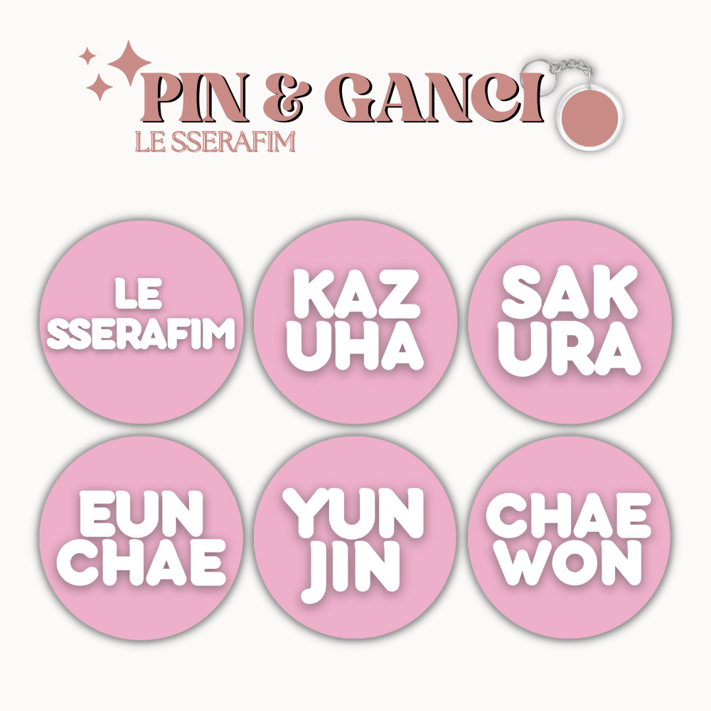 GANCI LE SSERAFIM PIN NAME MEMBER UKURAN 58 MM (HARGA 1 PCS + LAMINASI GLOSSY) GANTUNGAN KUNCI KPOP IDOL KOREA PREMIUM MURAH UNOFFICIAL SAKURA EUNCHAE CHAEWON KAZUHA YUNJIN READY STOCK !