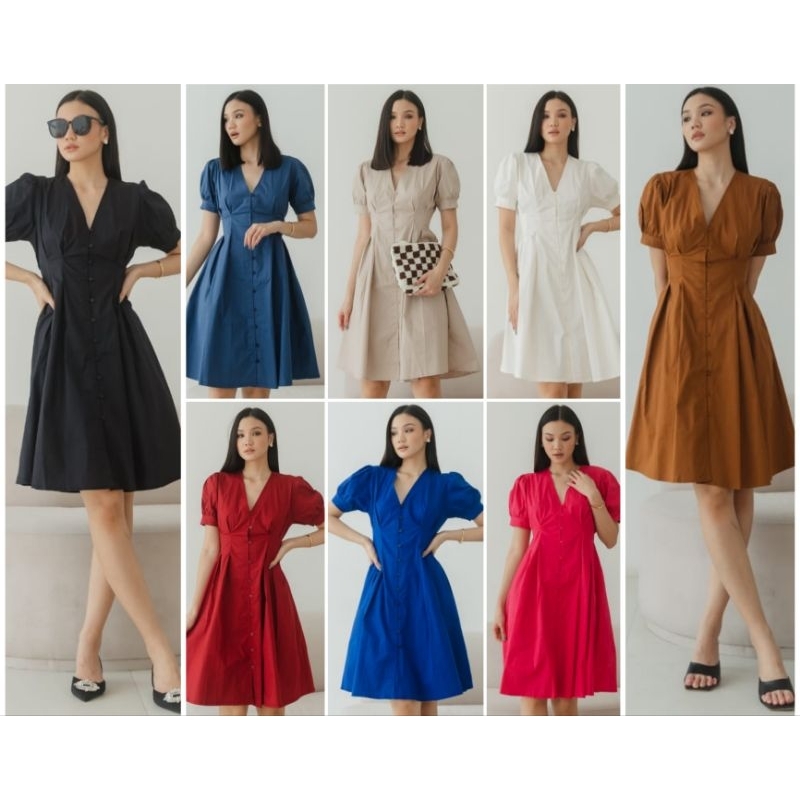 ♡ PREMIUM ♡ ORIGINAL ! MINELLA PLAIN V-NECK BUTTON FLARE MINI DRESS ( BUSUI FRIENDLY )