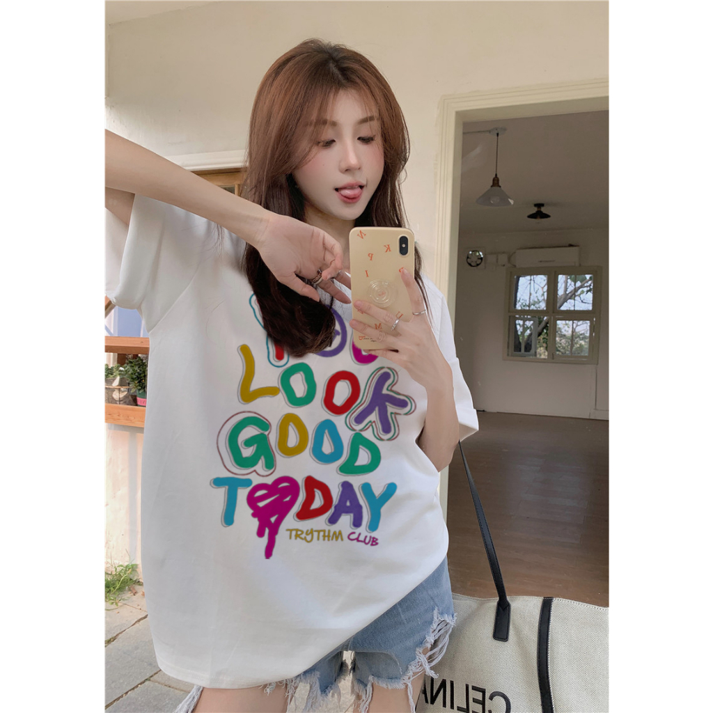 EUNII T-shirt Lengan Pendek Color You Look Good Today Korean Style/Kaos Atasan Wanita/Baju Kaus Oversize Wanita/Kaos Wanita