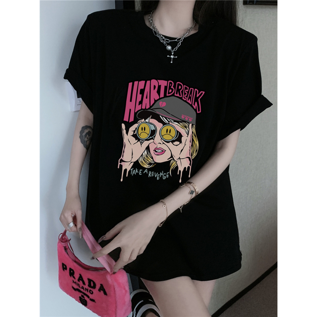 EUNII T-shirt Lengan Pendek Retro Pink Heart Break Korean Style/Kaos Atasan Wanita/Baju Kaus Oversize Wanita/Kaos Wanita