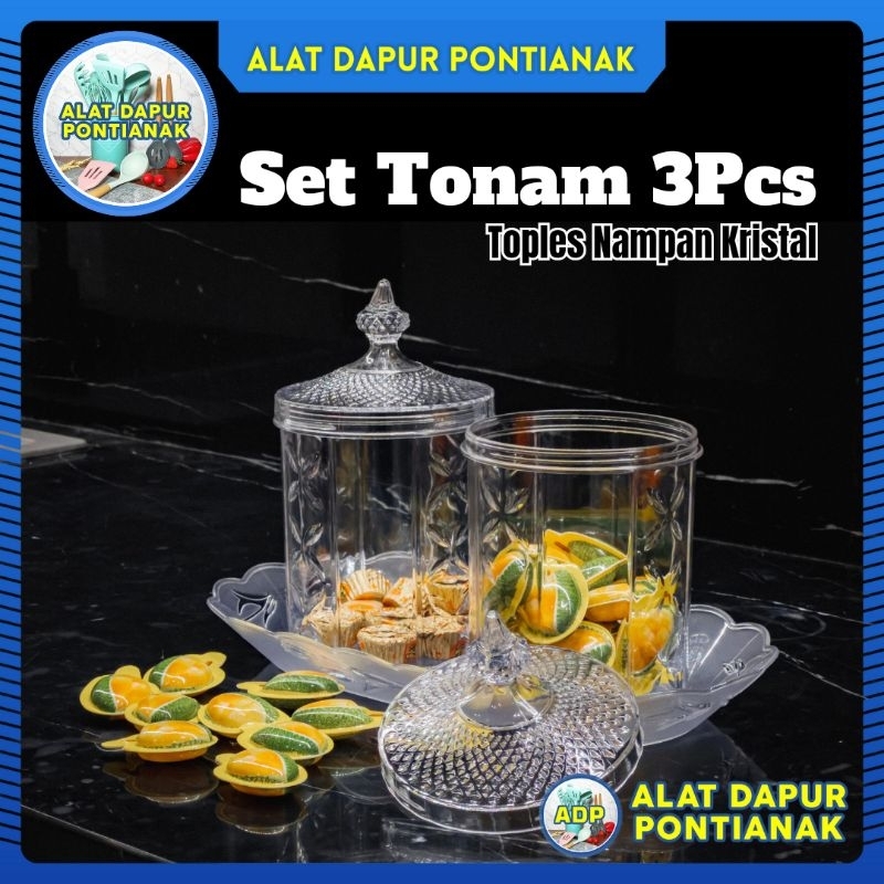 3Pcs Set Safira Toples Kristal Cantik Akrilik Nampan Tonam Candy Jar Storage With Tray Tempat Kue Ke