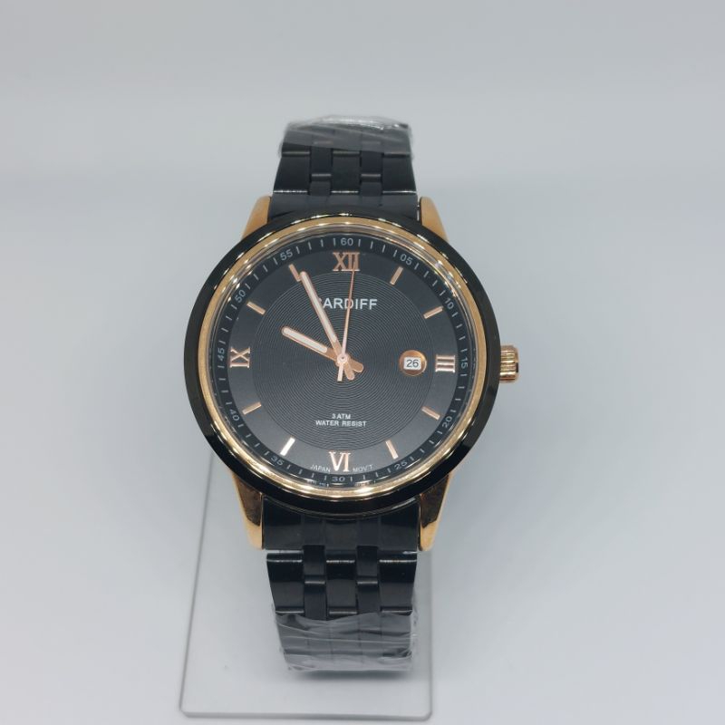 Jam Tangan Pria CARDIFF ORIGINAL BLACK GOLD, Anti air, Stainless steel.