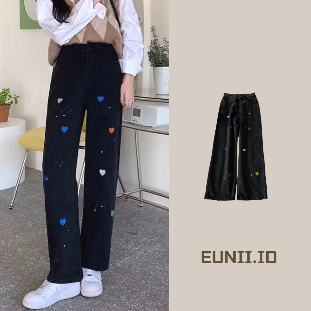 EUNII Korean Style Celana Jeans Wanita Hitam Kekinian Boyfriend Jeans