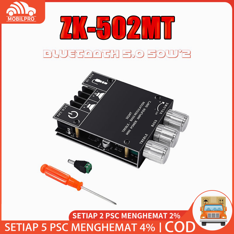 ZK-502MT 2*50W Stereo Bluetooth 5.0 2.0 Channel Audio Digital HIFI Power Amplifier Board High Power Audio Stereo Amplifier Board AUX Bass Treble AMP 12V 24V