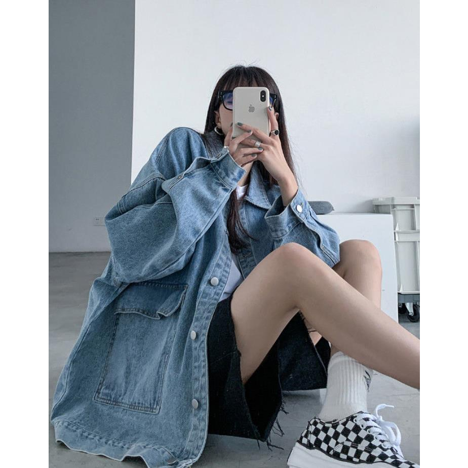 Korean Style Jaket Denim Wanita Lengan Panjang Jacket Denim Coat Oversize