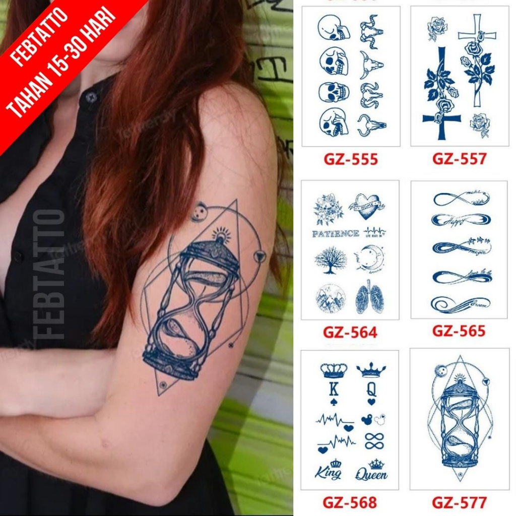 Tato Semi Pemanent Tahan 1 Bulan Ukuran 11cmx18cm Tato Lengan Tato Dada Tato tangan Tato Kaki Tato Jari  Motif Aesthetic Tatto Temporary Stiker Tato Halal Grosir Tato air motif jam pasir, king queen, bomer, love, salib, tengkorak, kepala kambing GZ 577