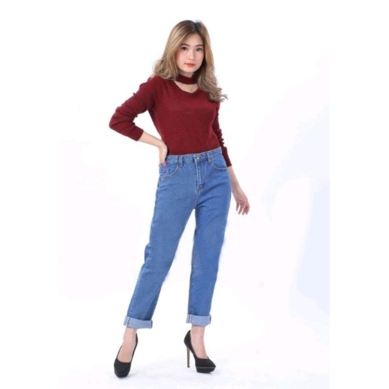 Boyfriend Jeans Wanita Celana Highwaist Panjang Navy Biru Muda Hitam