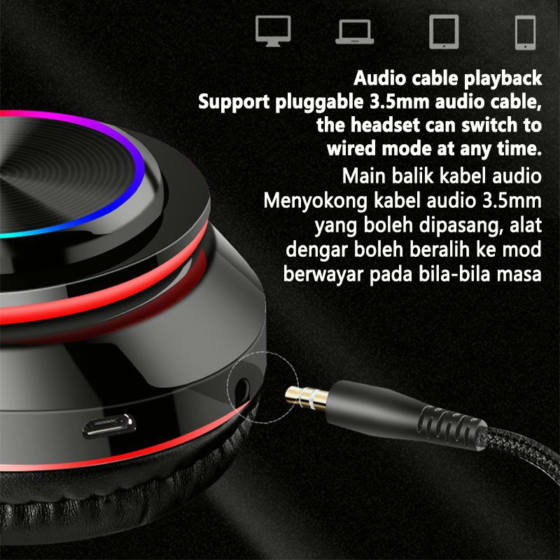 (COD)Ready Stock B39 Wireless Headset Bluetooth 5.0 Colorful LED Bass Stereo Wireless Headphones Ove-Ear Headphones gaming headset