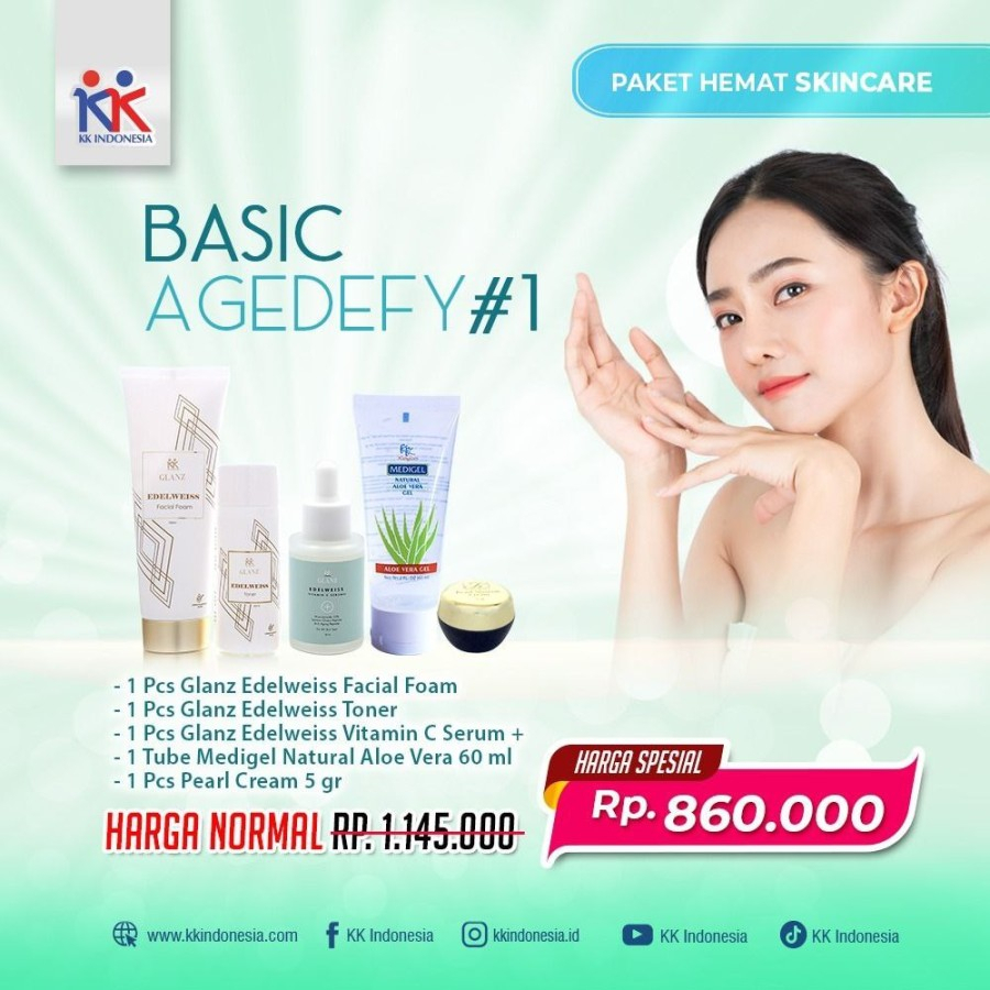 PAKET HEMAT PLUS Glanz Facial Foam, Toner, Vitamin C Serum, Medigel & Pearl Cream 5 Gr
