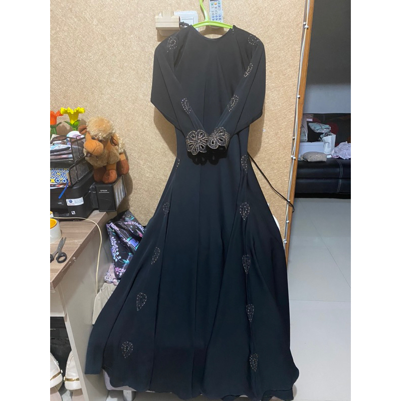 Abaya Saudi Hitam Gold Gamis Syari Swarovski Polos Haji Flower Madinah Umrah Payung Dress