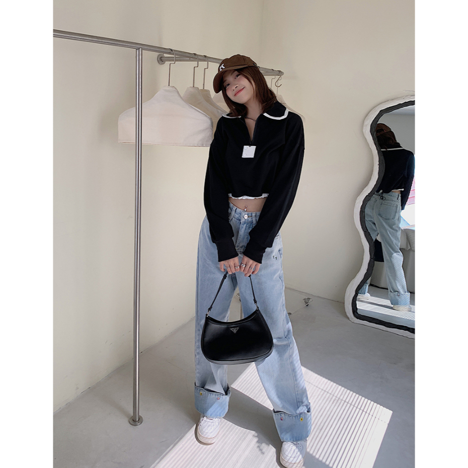 Korea Sulaman Bunga Highwaist Loose Celana Jeans Wanita 2023 Terbaru