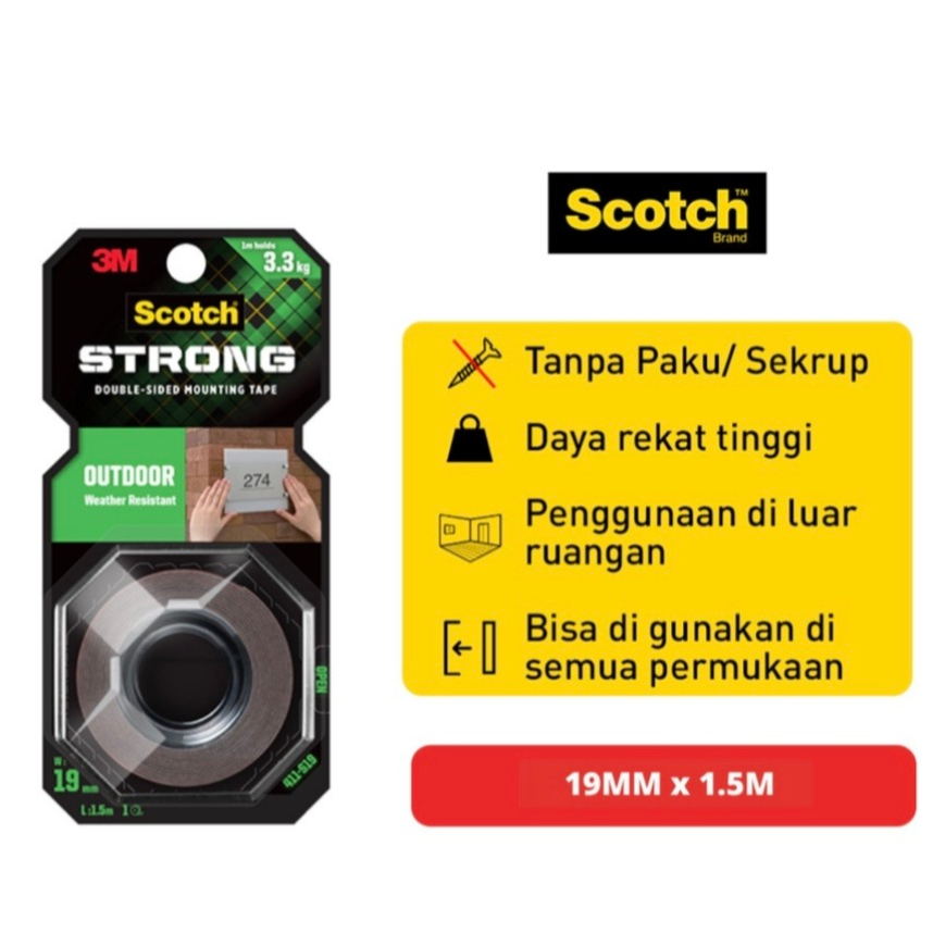 

3M SCOTCH DOUBLE TAPE VHB OUTDOOR 411-S19 UKURAN 19MM X 1,5M TAHAN CUACA DAYA TAHAN SD 3,3KG