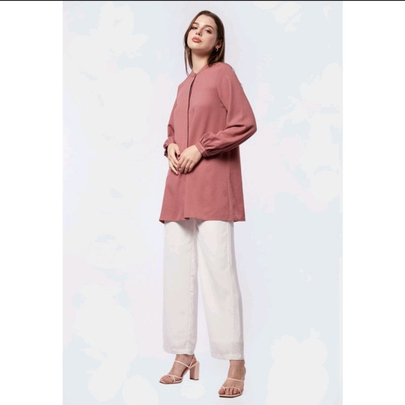 Executive Mandarin Collar Puff Sleeves Tunic Rose Size XXL