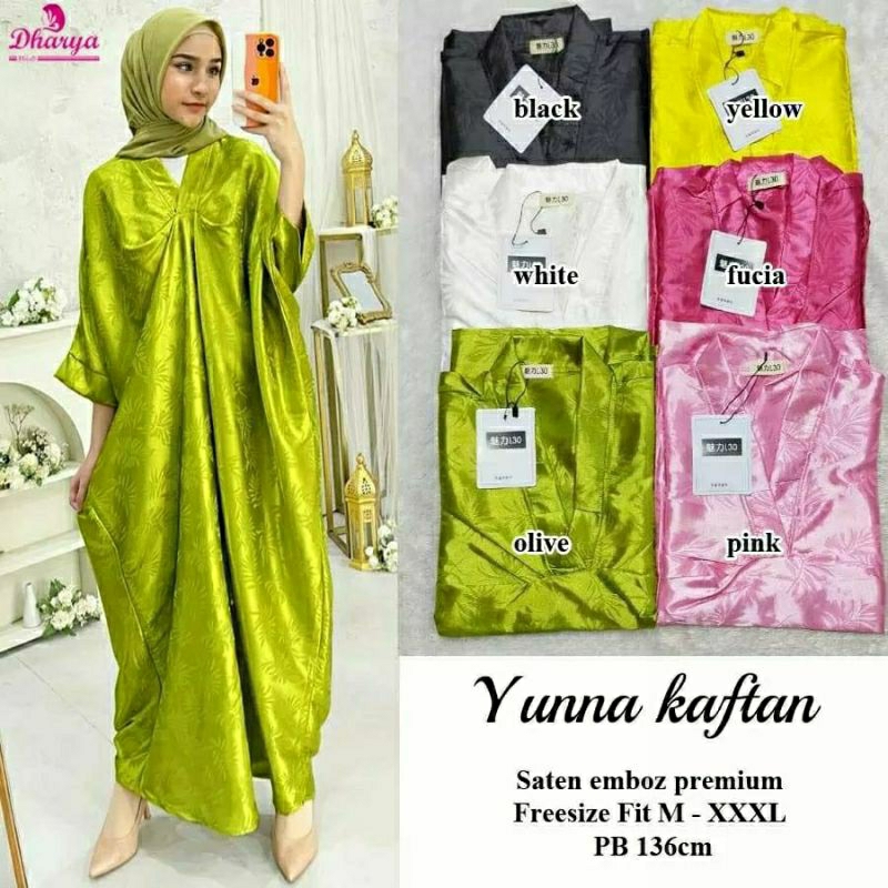 Yunna Kaftan, KAFTAN LEBARAN JUMBO CANTIK MODIS FIT XXXXL LD 160 BAHAN SATEN EMBOSS PREMIUM TERMURAH OOTD KEKINIAN TERLARIS