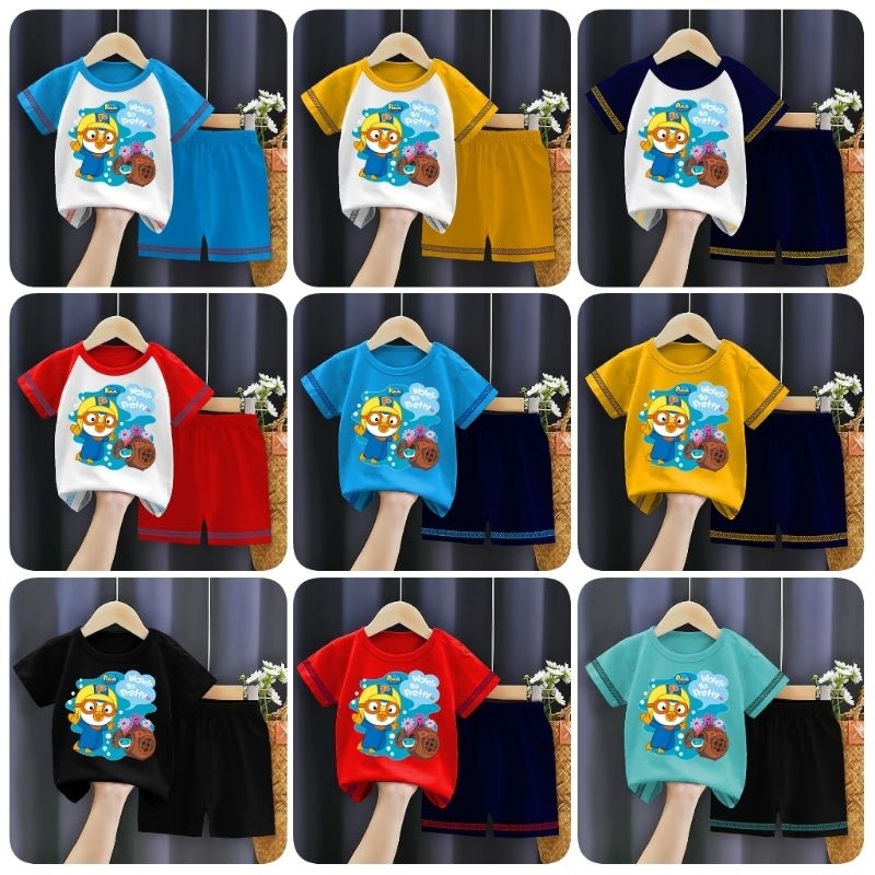 SETELAN KAOS ANAK MURAH LUCU GAMBAR PORORO PRETTY CUTE MOTIF PRINTING TERBARU BAJU ANAK COWO CEWE ON
