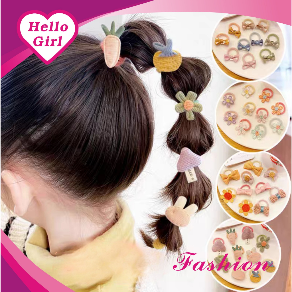 (Hello Girl) F205 1Set 10pcs Ikat Rambut Anak Motif Bunga Pita Import