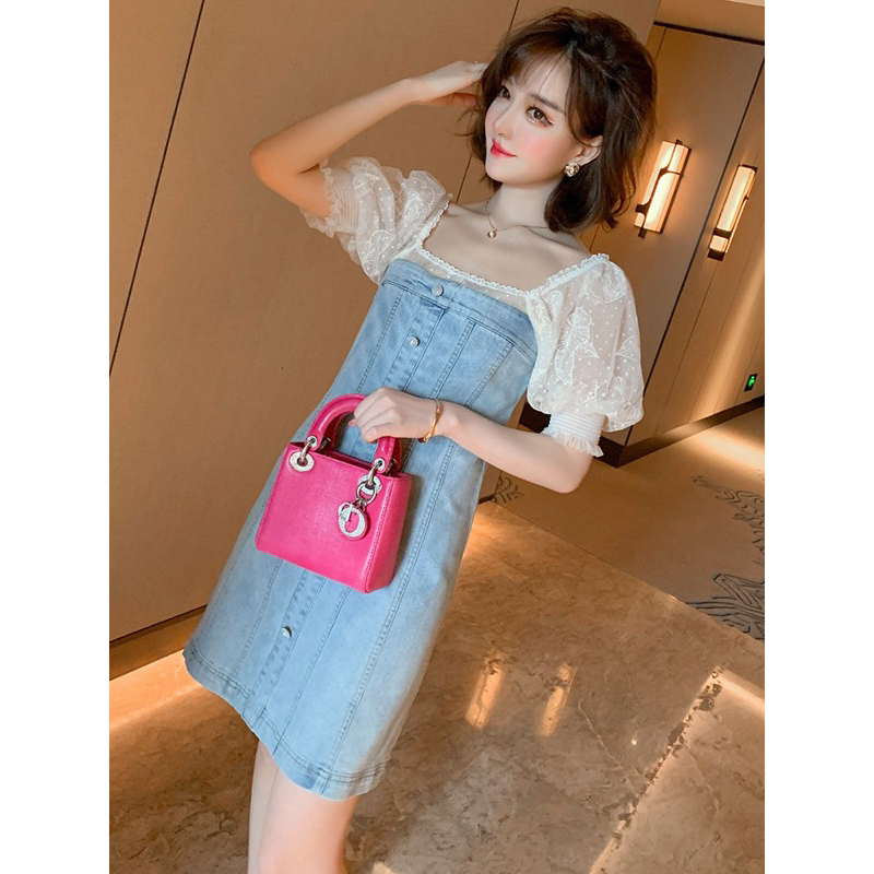 Square Neck Bubble Sleeve Denim Dress M408