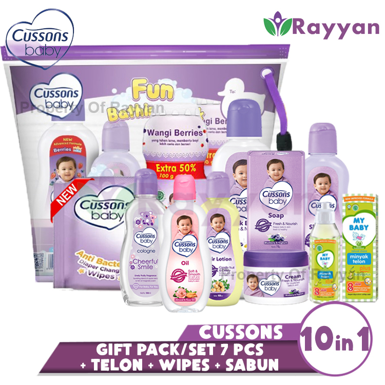 (CP)Cussons Baby Pack 11in1 | Fun Bathing/Complete Essential |Plus Telon| Cussons Baby Gift Set Large Biru/Pink/Ungu plus telon|Kado Bayi Baru Lahir Ukuran Besar | Perlengkapan Mandi Bayi isi bedak, parfum, oil, shampoo, cream + telon my baby |Paket Hemat