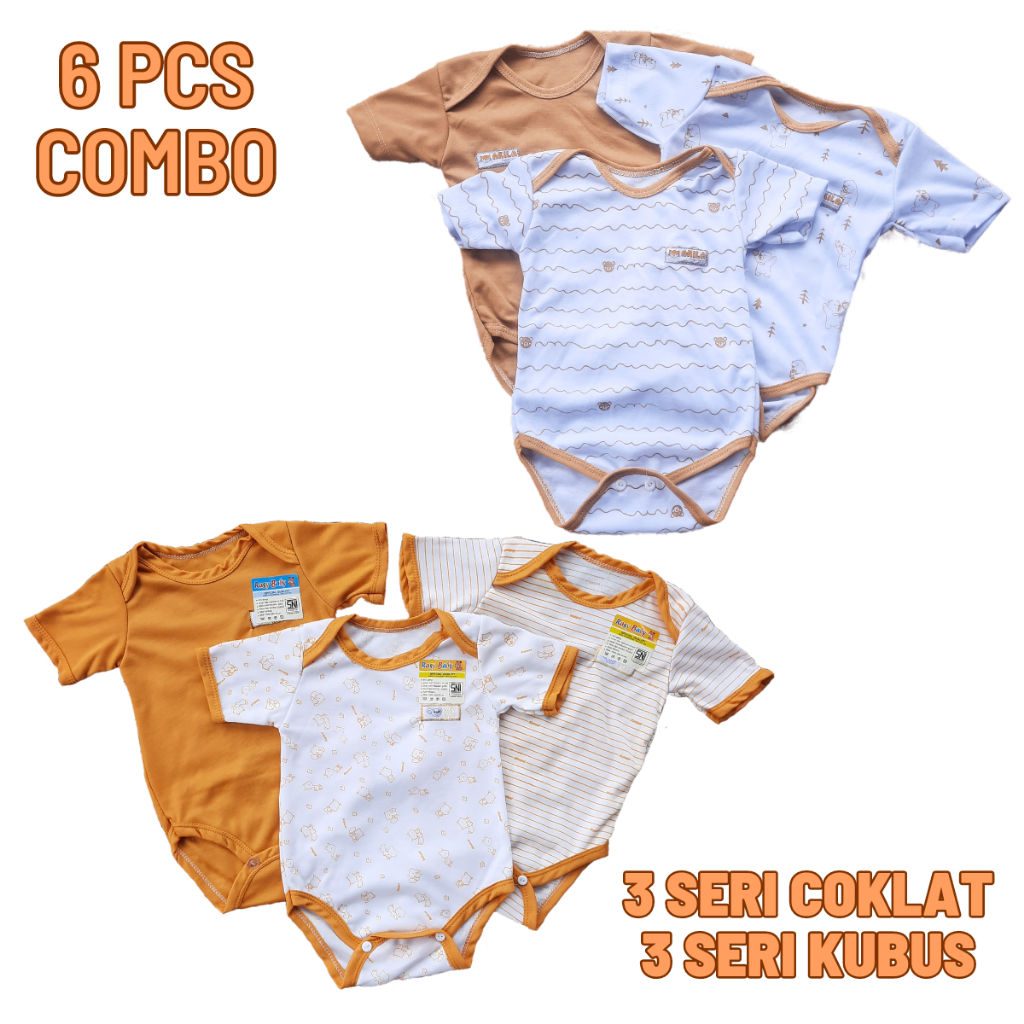 Paket Hemat 6 Potong Jumper Jumpsuit Baju Kodok Lengan Pendek Bayi 0 3 Bulan Kombinasi Polos Motif Bisa COD