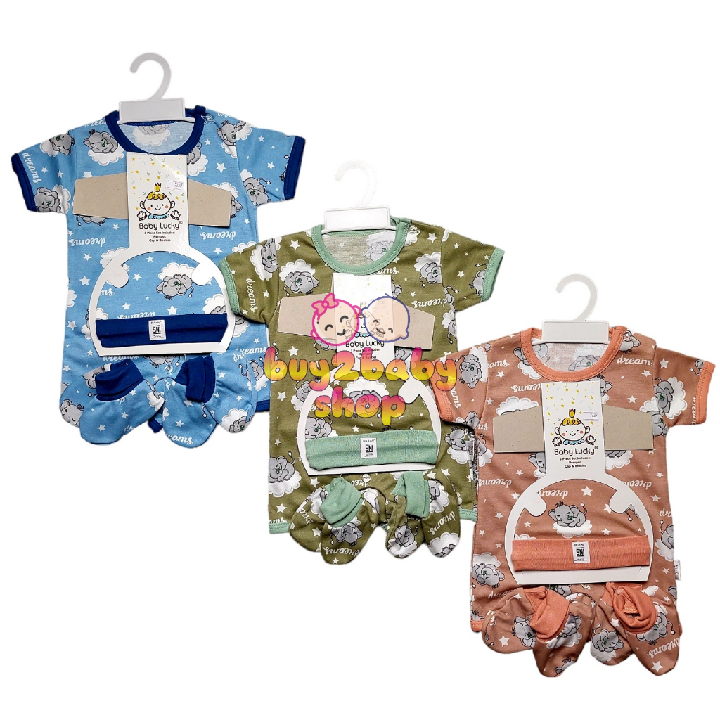 Baju bayi Premium Romper Pendek Set plus topi sarung kaki Baby Lucky 0-3 Bulan isi 1 SET