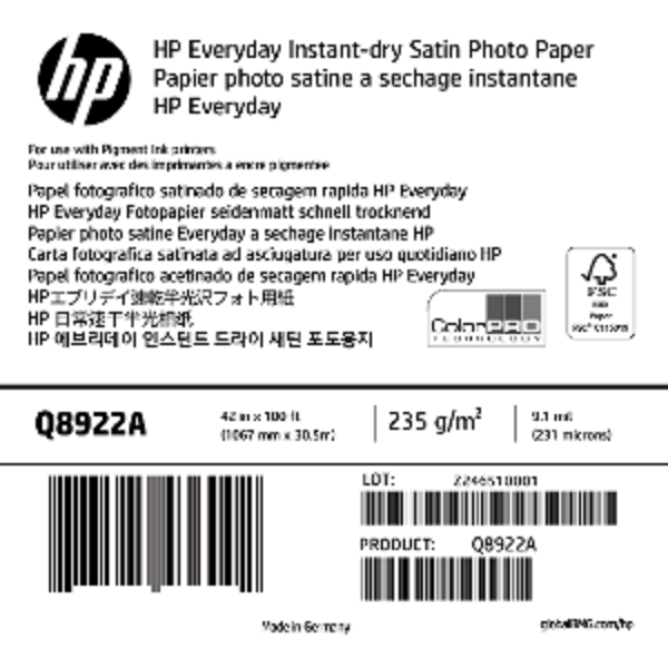 

HP Everyday Instant-dry Satin Photo Paper Q8922A 231Microns(9.1mil) 235g/m2 1067mm x 30,5m