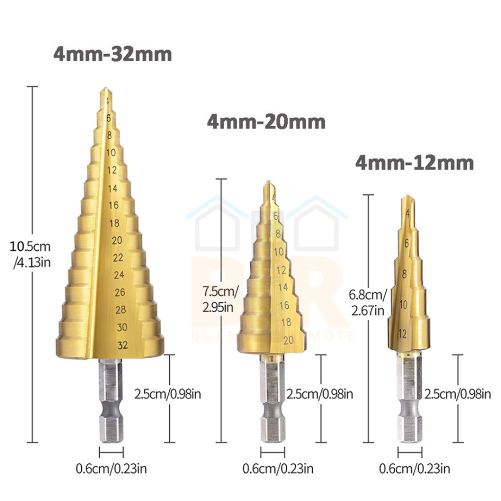 Mata Bor Pagoda Spiral Step Drill Kerucut Tingkat Payung Cone Hss 4 12 20 32 Titanium Coated