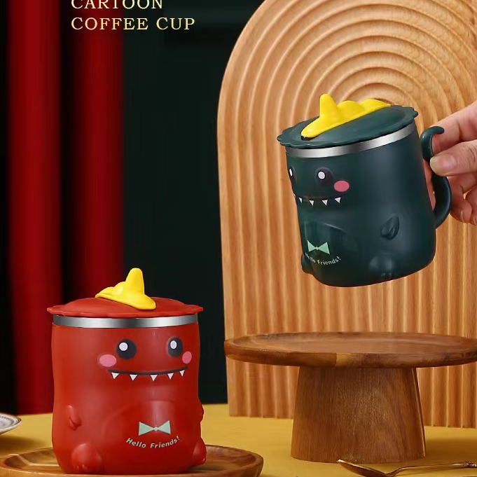 Gelas Anak Mug Dino 3D Lucu Bentuk Dinosaurus Free Sedotan Anti Tumpah Steinless Stell 929 Kapasitas 320ml