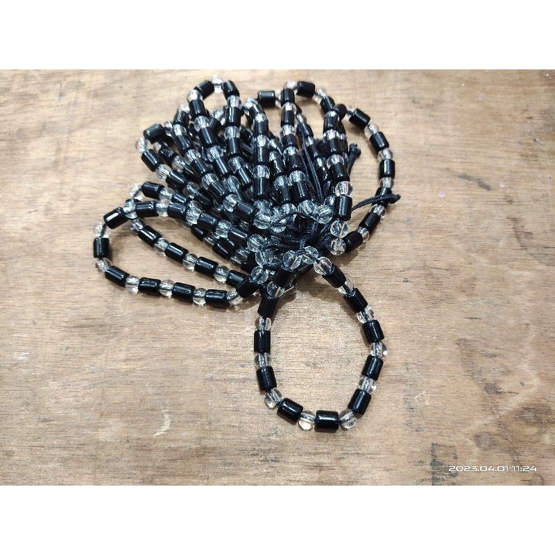Grosir!!! gelang batu tali serut black onix kombinasi mutiara bening satu set lusinan isi 12pcs