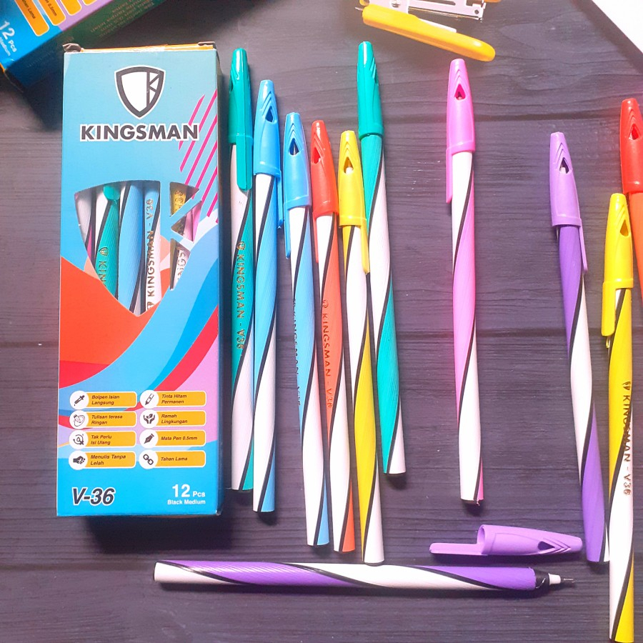 Pulpen Bolpen Pen Kingsman Rainbow Motif Ulir Tinta Hitam lancar