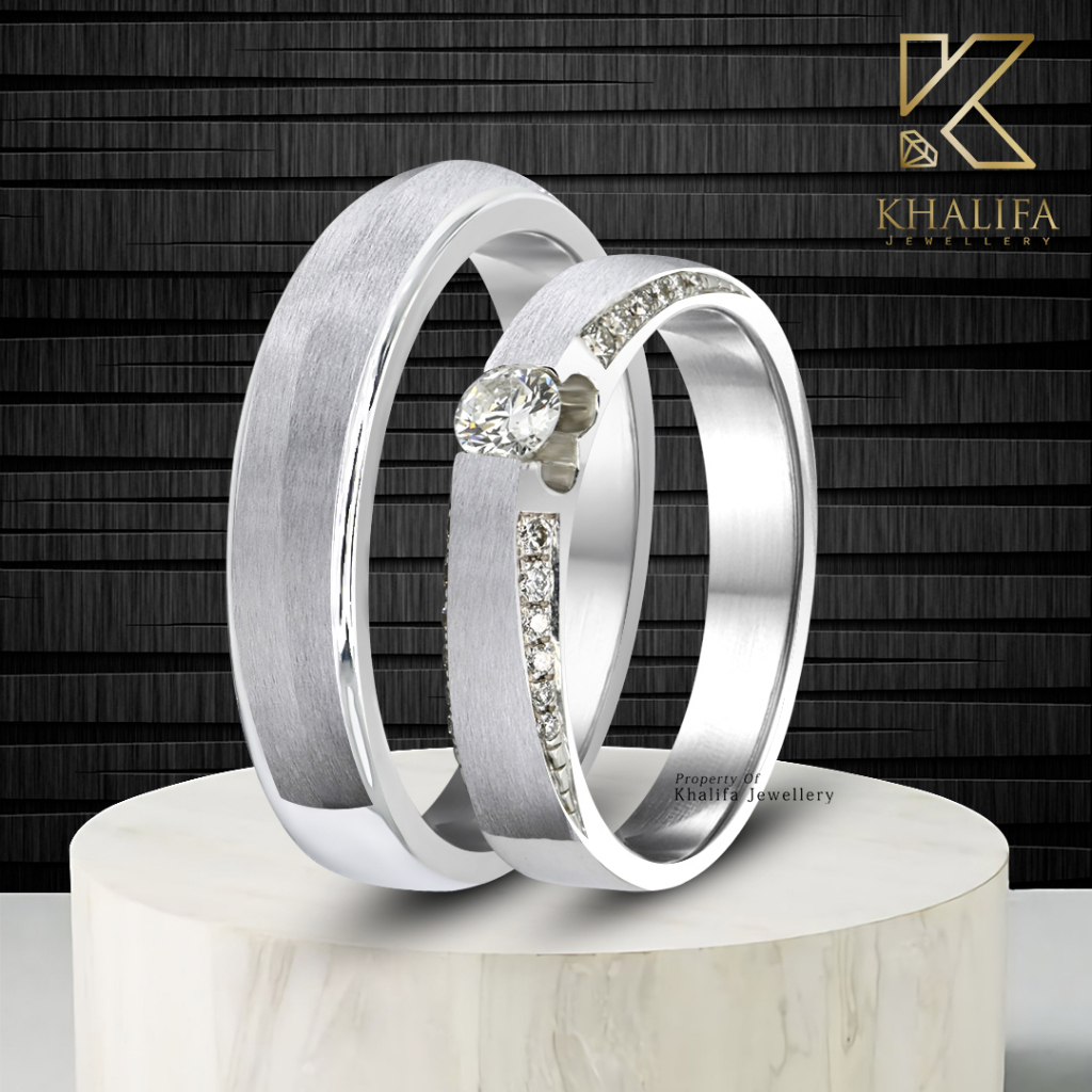 Cincin Kawin/Cincin Tunangan Couple Emas Putih 75%+ Berlian & Palladium 30%