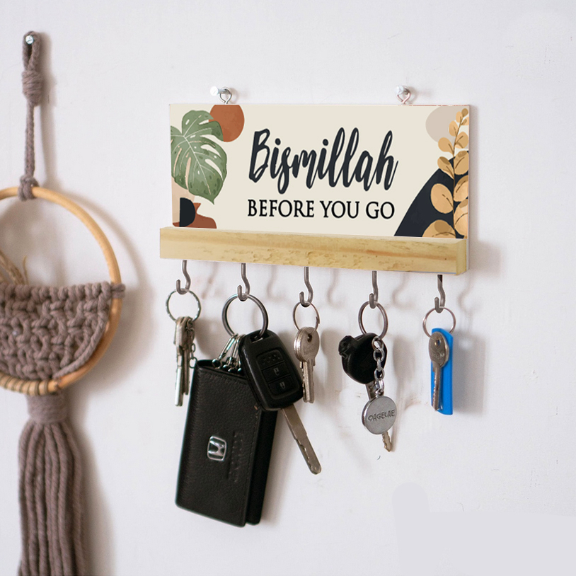 Rak Kayu Tempat Gantungan Kunci / Keychain isi 5 hook besi / Kapstock Dinding