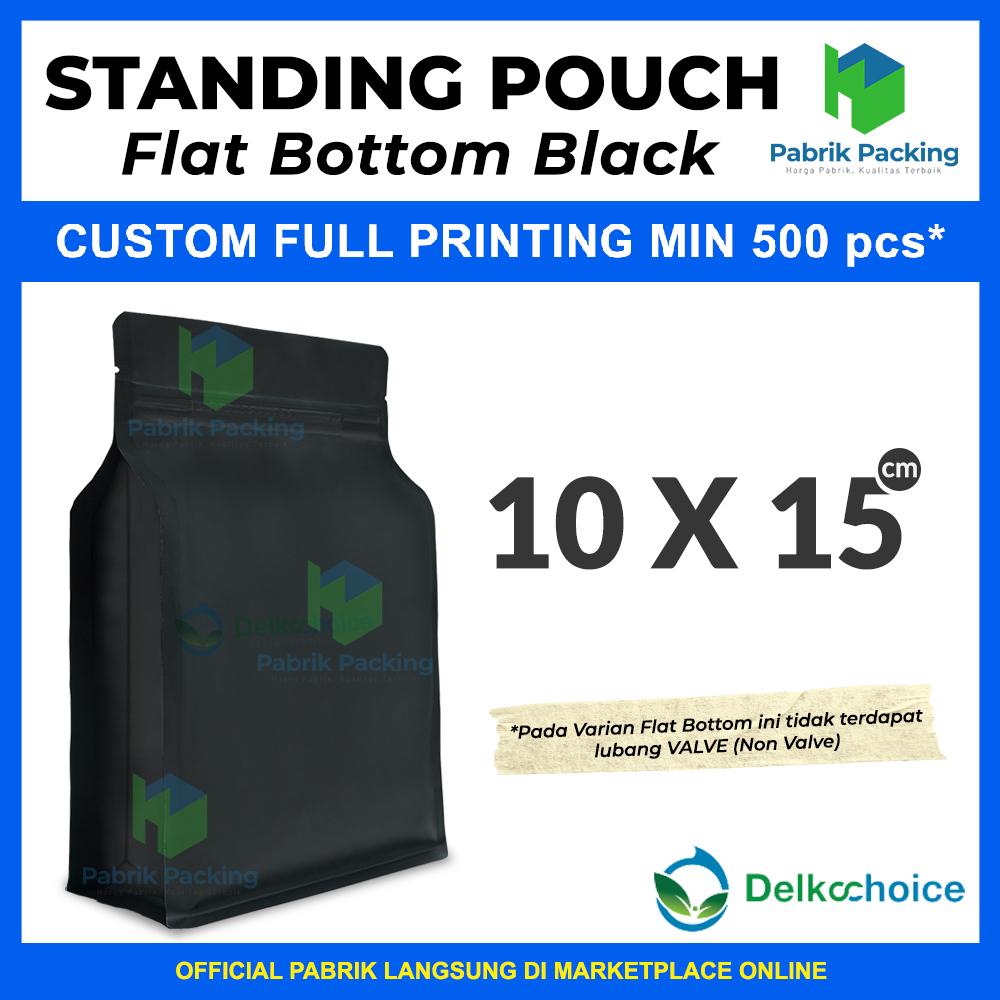 STANDING POUCH KEMASAN FLAT BOTTOM NON VALVE HITAM PREMIUM 10CM x 15CM SATUAN