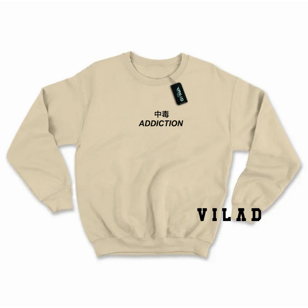 VASPLY Sweater Crewneck Pria Wanita Oversize Addiction Tulisan Jepang Bahan Fleece Tebal Premium Distro