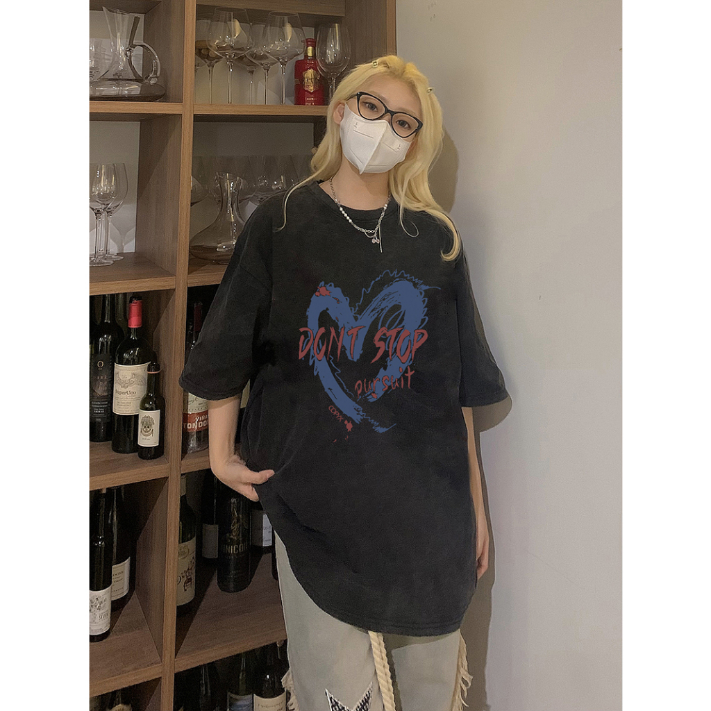 EUNII T-shirt Lengan Pendek Black Washed Retro Blue Heart Printing Korean Style/Kaos Atasan Wanita/Baju Wanita/Kaos Wanita