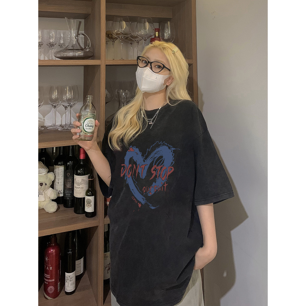 EUNII T-shirt Lengan Pendek Black Washed Retro Blue Heart Printing Korean Style/Kaos Atasan Wanita/Baju Wanita/Kaos Wanita