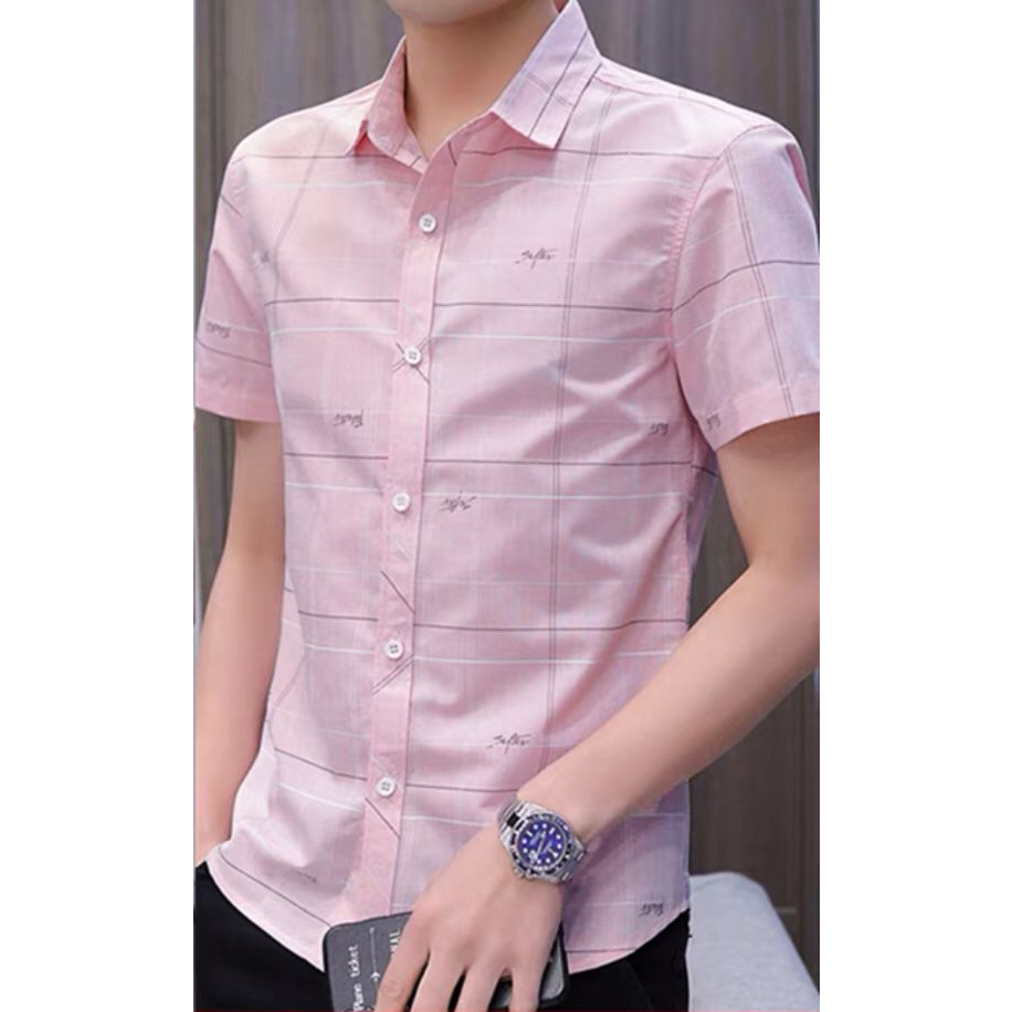 Kemeja berlengan pendek korean style Pria cowo dewasa pink color 903