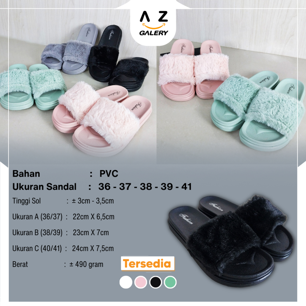 Sandal Slop Flat Wanita Sandal Slip On Motif Bulu Korea Style Sandal Selop Cewek Sandal Teplek PVC Azgalery SPT-52