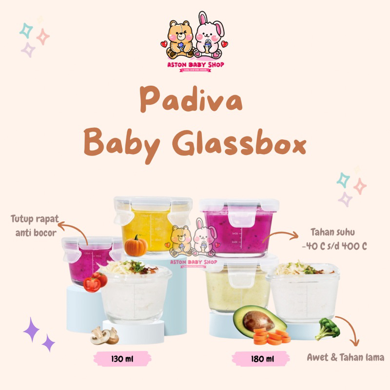 Padiva Baby Glassbox Square 180 ml &amp; Round 130 ml (3pcs) Baby Glass Food Container Wadah Mpasi Bayi Kaca