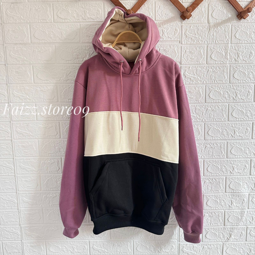 SWEATER HOODI POLOS COMBINASI TIGA WARNA BAHAN FLACEE TEBAL