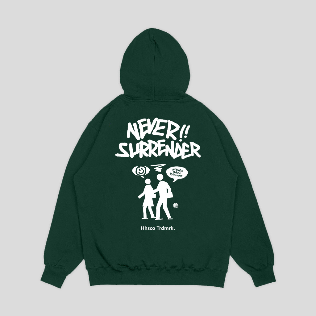 HHSCO - Hoodie Pria Never Surrender Hijau Botol