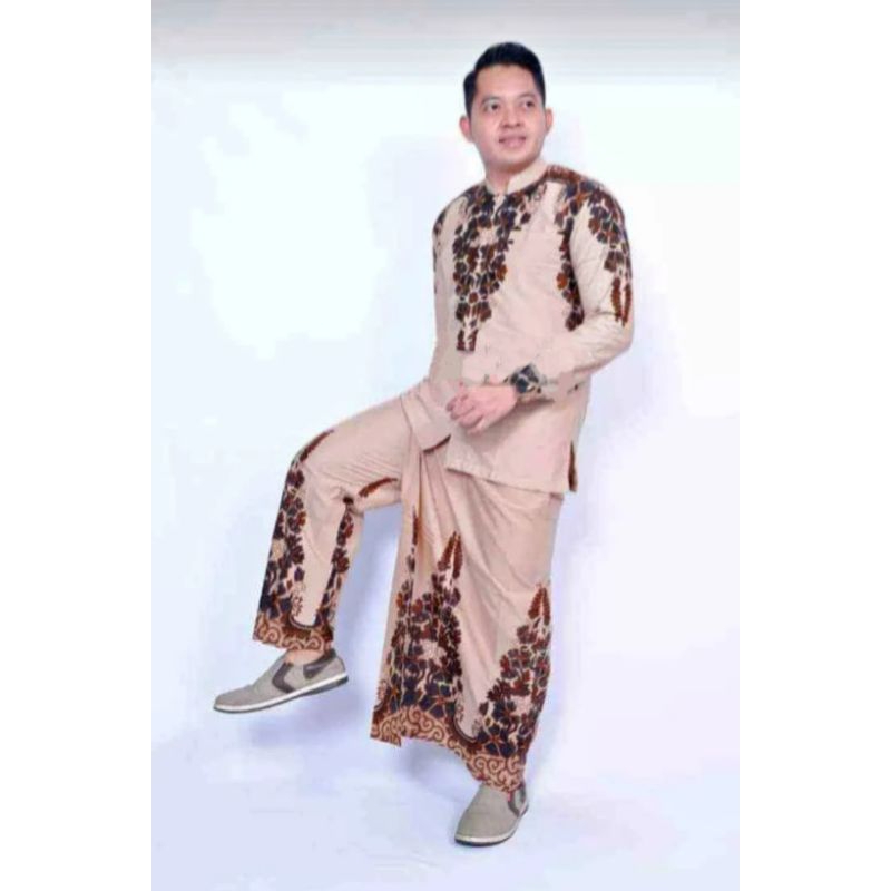 setelan celana sarung koko batik motif akhwan mocca set koko batik dan sarcel dewasa