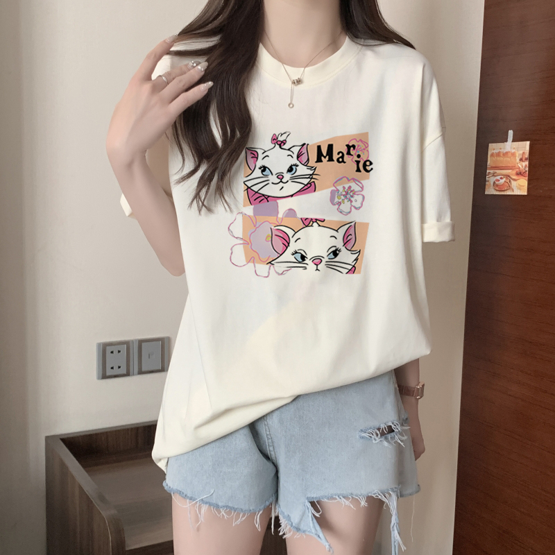 XIAOZHAINV Kaos Atasan Oversize Wanita Cat Anime Pattern Lengan Pendek A0536