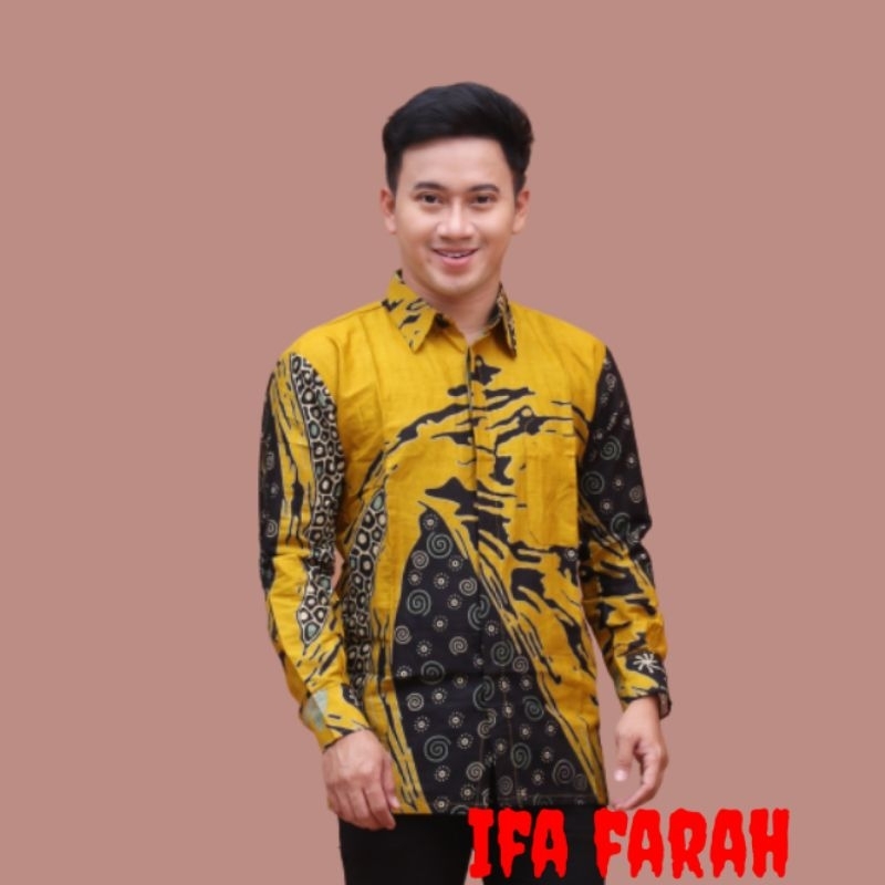 KEMEJA HEM BATIK PRIA LENGAN PANJANG M L XL XXL MOTIF CHAVA KUNING