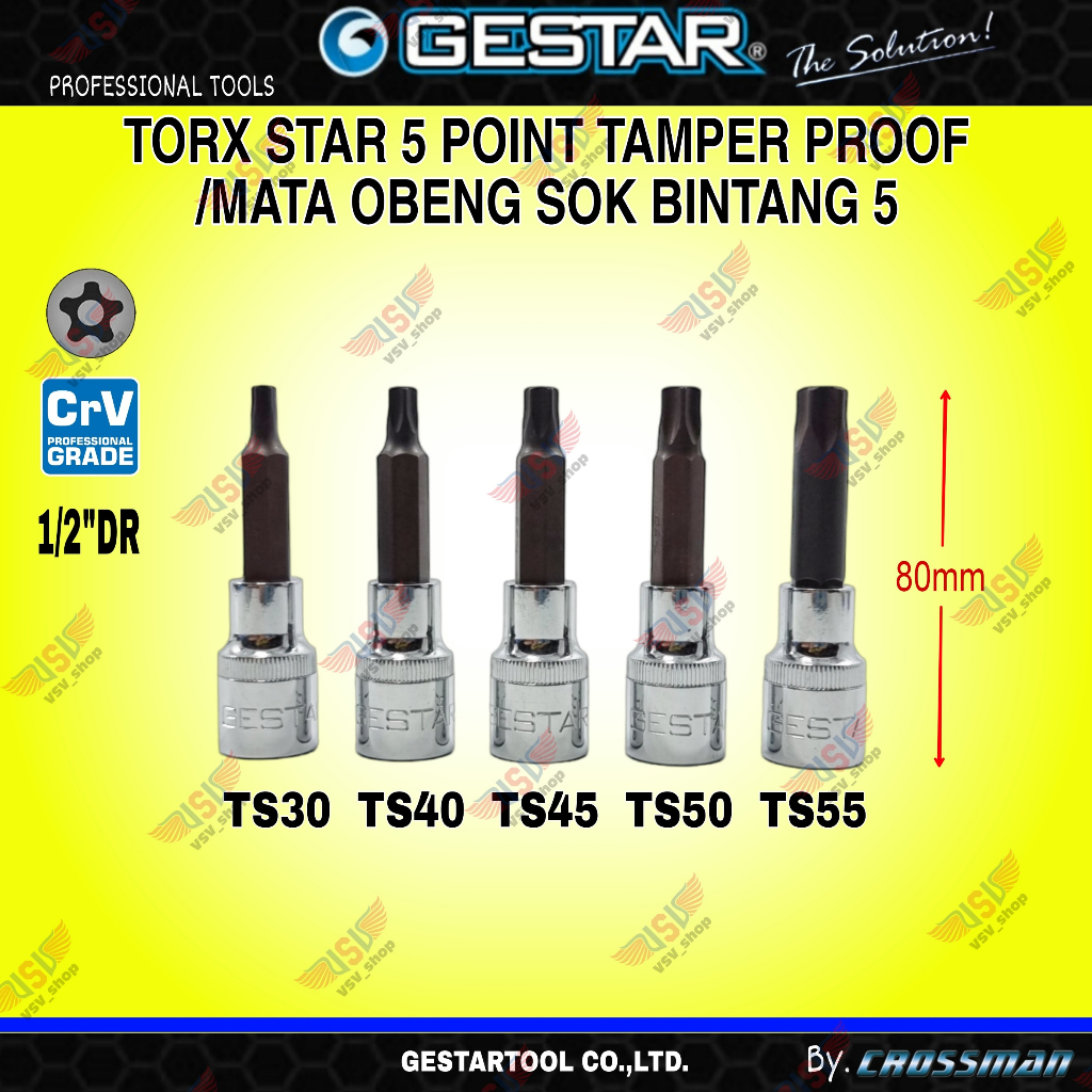 GESTAR Kunci Bintang Segi 5 Torx Star Bit Socket 5PT 1/2&quot;DR TS30 TS40 TS45 TS50 TS55