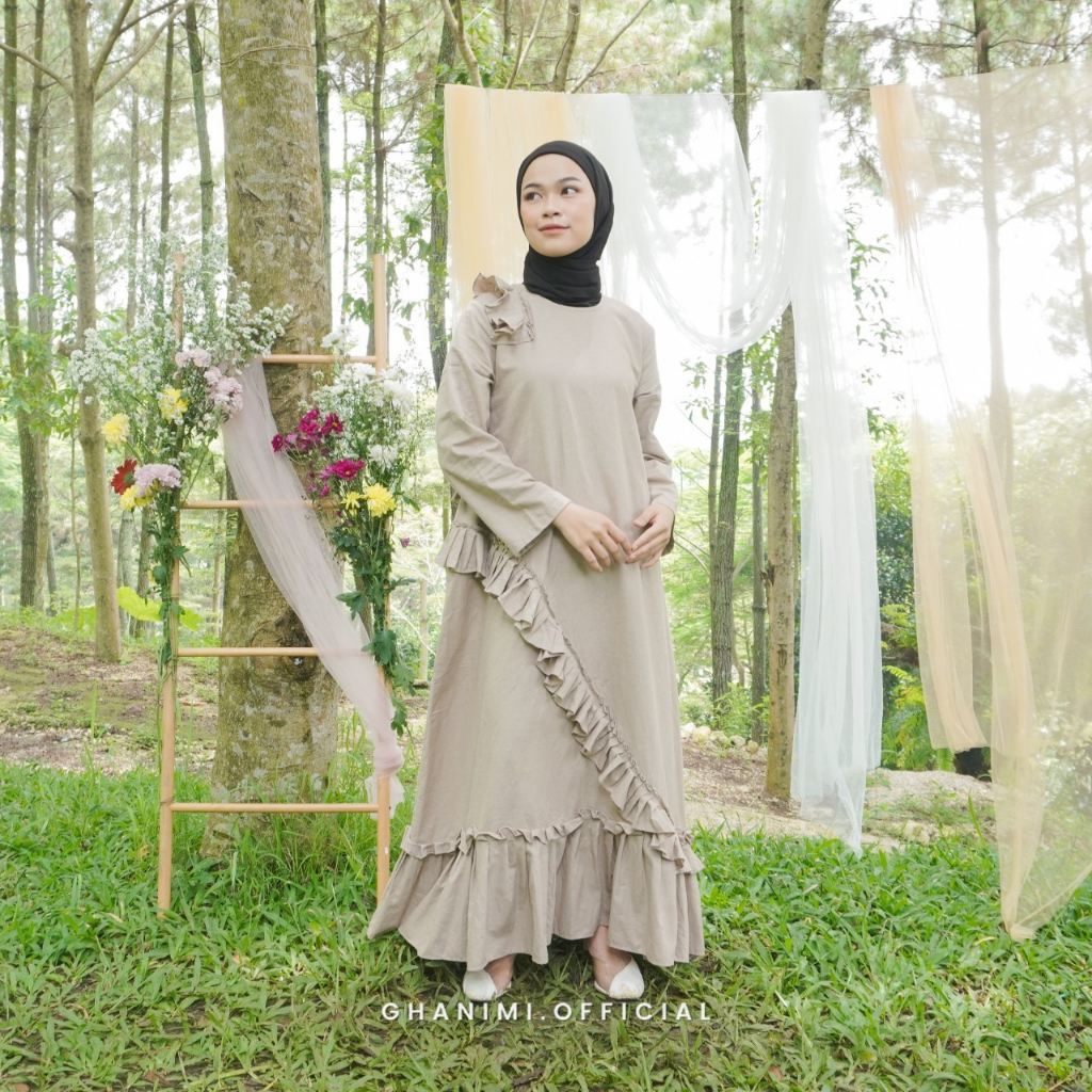 Ghanimi - Inaya Dress / Gamis Linen Ruffle Polos / gamis panjang / gamis terbaru / dress kondangan / gamis kondangan / gamis katun