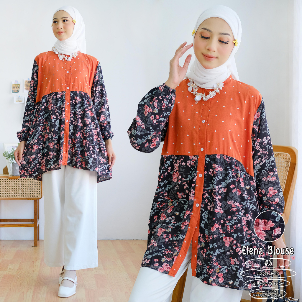 Elena Blouse Wanita Muslim Rayon Viscose Motif Bunga Kombinasi Polkadot